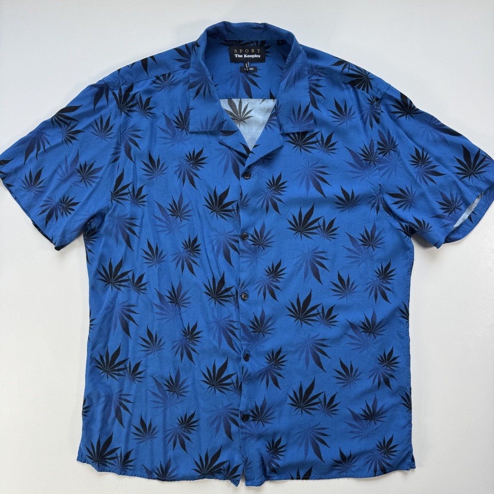 THE KOOPLES Sport Short Sleeve Button Up Shirt Mens Large Blue Leaf All Over